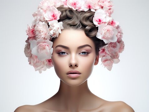 Beauty Embodying the Power of Products with flower on hairs on White Background