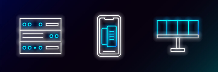 Set line Solar energy panel, Server, Data, Web Hosting and Smartphone, mobile phone icon. Glowing neon. Vector