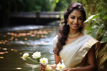 A portrait of Kerala Bride in Kasavu Saree