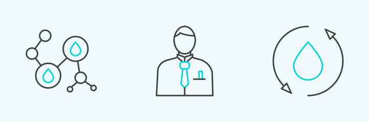 Set line Oil drop, Molecule oil and Businessman or stock market trader icon. Vector