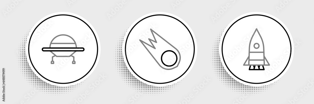 Poster set line rocket ship, ufo flying spaceship and comet falling down fast icon. vector