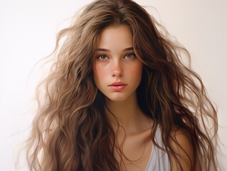 Naklejka premium Girl with Fresh Face and Luxurious Hair in the Wind commercial shoot of hair products