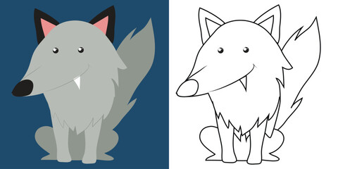 Colouring the animals. Coloring a cute cartoon wolf. Simple colouring page for kids. Fun activity for kids. Educational printable coloring worksheet. Vector illustration. 