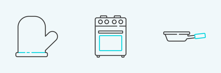 Set line Frying pan, Oven glove and icon. Vector