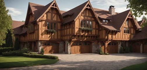 Gable roof and timber-framed family home exterior. a cottage's wooden garage doors