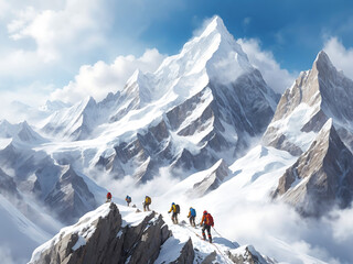 a thrilling mountaineering adventure, with climbers ascending a majestic snow-capped peak, surrounded by awe-inspiring landscapes.