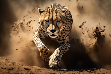 photo of a cheetah running in the dirt