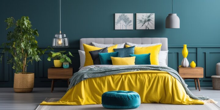 illustration of modern bedroom, yellow and sea blues tone, generative AI