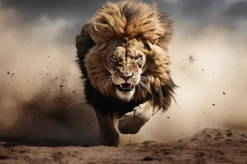 Gardinen photo of a lion running in the dirt © Kien