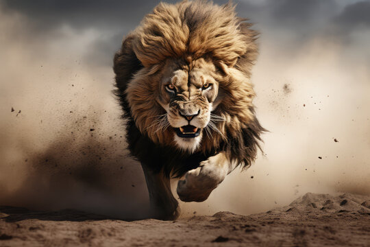 photo of a lion running in the dirt