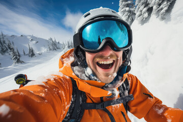 Fototapeta na wymiar Skier Takes a Selfie on a Snowy Slope