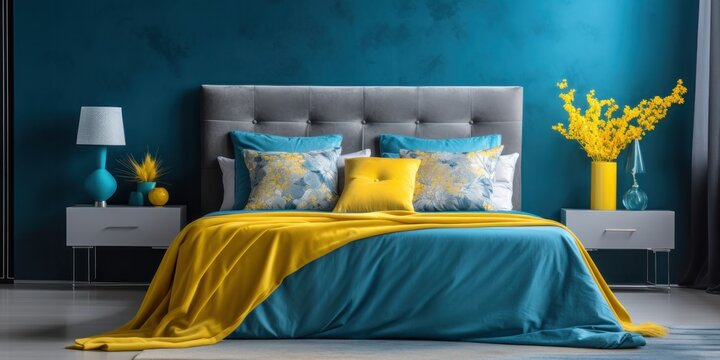 illustration of modern bedroom, yellow and sea blues tone, generative AI