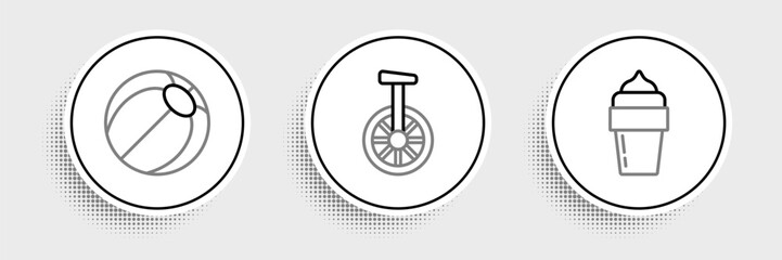 Set line Ice cream, Beach ball and Unicycle or one wheel bicycle icon. Vector © Oksana