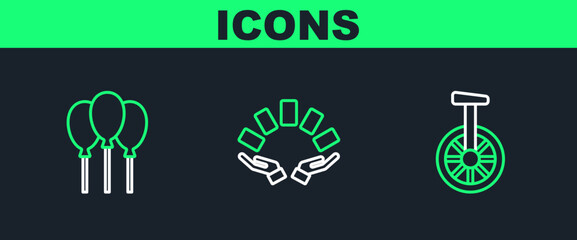 Set line Unicycle or one wheel bicycle, Balloons with ribbon and Hand holding playing cards icon. Vector © Oksana