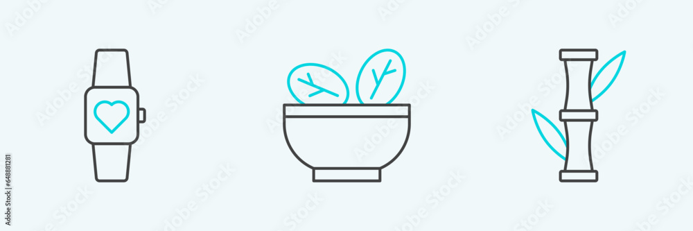 Poster set line bamboo, smart watch and salad in bowl icon. vector