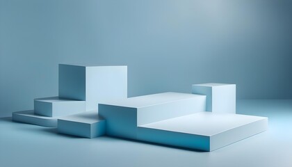 Blue background for product presentation with shadows and light. Empty podiums. Mockup.