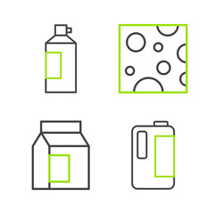 Set line Milk in plastic bottle, Paper package for milk, Cheese and Whipped cream icon. Vector