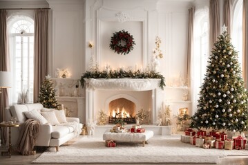 Interior of stylish white living room with lovely fireplace, Christmas tree, and holiday d&eacute;cor for christmas celebration