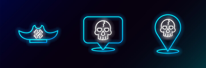 Set line Location pirate, Pirate hat and Skull icon. Glowing neon. Vector