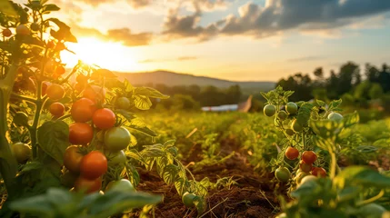 Foto op Plexiglas Tomato field inside a farm, nobody, empty field with ripe red tomatoes on branches, sunlight rays of light.  © IndigoElf