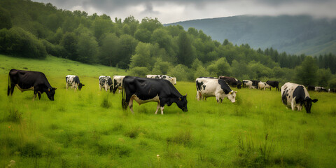 herd of black and white cows grazing peacefully in a lush two generative AI - obrazy, fototapety, plakaty