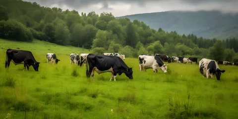 Fotobehang herd of black and white cows grazing peacefully in a lush two generative AI © Pierre