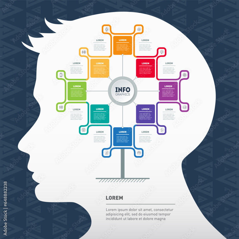 Poster presentation with eight parts and icons. infographics with silhouette of a human head and pattern on