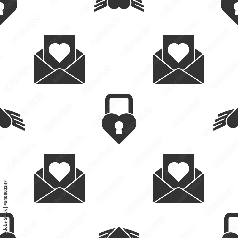 Poster set heart with wings, castle in the shape of a heart and envelope with heart on seamless pattern. ve