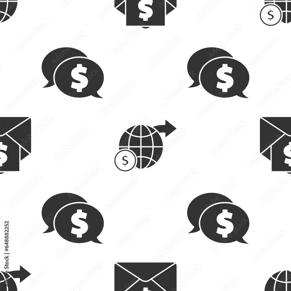 Poster set envelope with coin dollar, earth globe with dollar and speech bubble with dollar on seamless pat