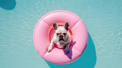 White french bull dog swimming in a pink inflatable circle on a sunny day in swimming pool water. Creative summer concept.