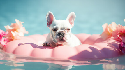 White french bull dog swimming in a pink inflatable circle on a sunny day in swimming pool water. Creative summer concept. - obrazy, fototapety, plakaty