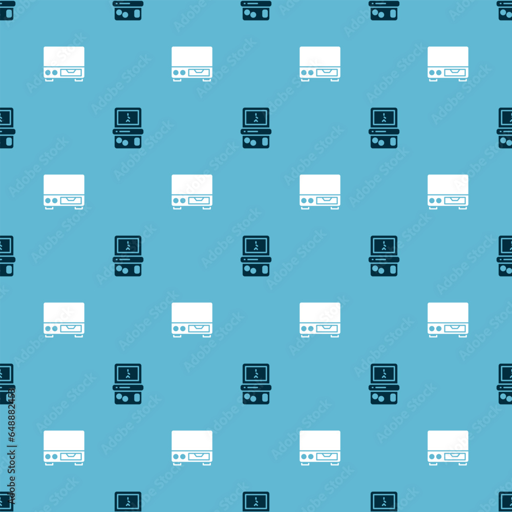 Poster set tetris and old video cassette player on seamless pattern. vector