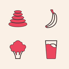 Set Glass with water, Stack hot stones, Banana and Broccoli icon. Vector