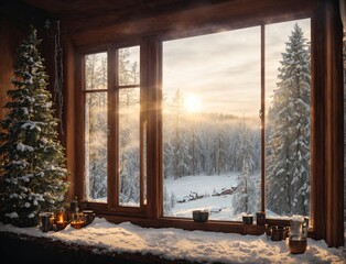 View of a cottage's window looking onto a winter woodland covered in snow on christmas day 