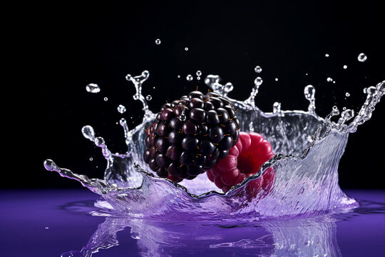 Close up image of fresh sweet blackberries falling water made with generative ai technology