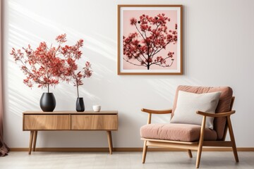Wooden Scandinavian furniture, a wooden side table and dusty rose armchair, wall art frame