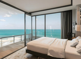 nterior of new luxury house, bedroom with sea view from the window
