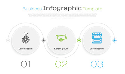 Set line Unicycle or one wheel bicycle, Cannon and Fast street food cart. Business infographic template. Vector © Oksana