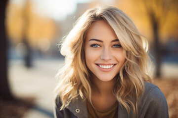 Obraz premium Generative Ai portrait of young girl woman isolated over blurred city lights sunny day background