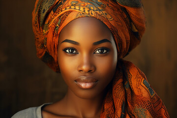 Generative Ai portrait of young black woman wearing traditional cultural clothes turban accessories