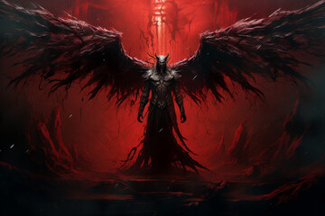 Genrative ai collage picture of evil satanic inferno with dark wings fallen angel in hell