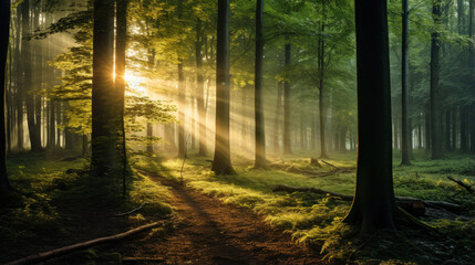 Obraz premium Enchanting Forest Morning Light: Serene Nature Landscape, Sunlight Filtering Through Trees, Peaceful Woodland Scenery, Tranquil Sunrise Beauty