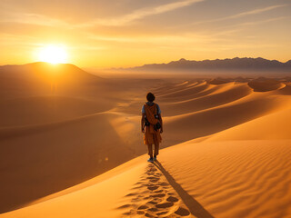 Fototapeta na wymiar a wanderlust-inducing image of a solo traveler standing on the edge of a vast desert, as the sun sets over the horizon, casting warm, golden hues.