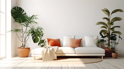 Modern living room with sofa and indoor plants