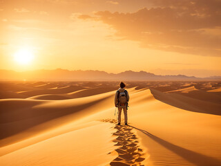 Fototapeta na wymiar a wanderlust-inducing image of a solo traveler standing on the edge of a vast desert, as the sun sets over the horizon, casting warm, golden hues.