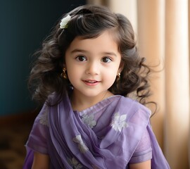 Endearing 3-Year-Old Indian Toddler in Pale Lavender Silk Saree, Radiating Innocence with Bright, Toothsome Smile