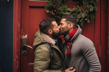 A couple of gay men kissing under a mistletoe