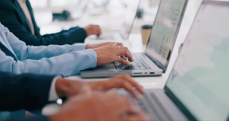 Hands, laptop and business people typing closeup in an office for planning, research or email communication. Computer, finance or accounting with an employee group in the workplace for strategy