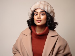 Stylish Indian Beauty Influencer in Fashionable Winter Wear, Promotes Style and Warmth in Modern Winter Fashion Photoshoot