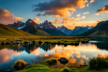 Foto op Plexiglas "Create a breathtaking image of a mountain landscape at dusk, where the sun kisses the horizon, casting warm hues over the rugged terrain and reflecting off a serene alpine lake." © sdk